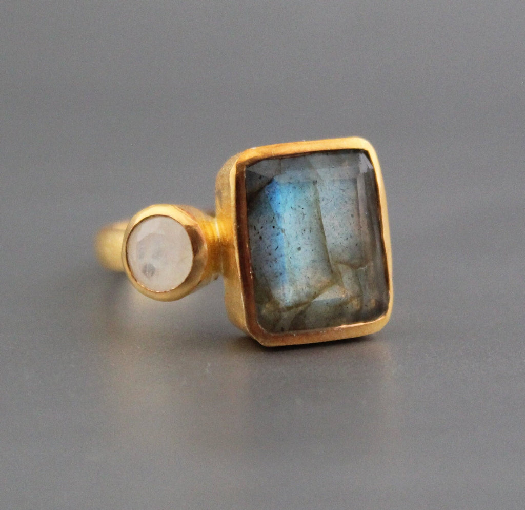 Handmade Blue Fire Labradorite Ring, Silver Jewelry, 14K Gold Ring, Rectangle Cut Birthstone