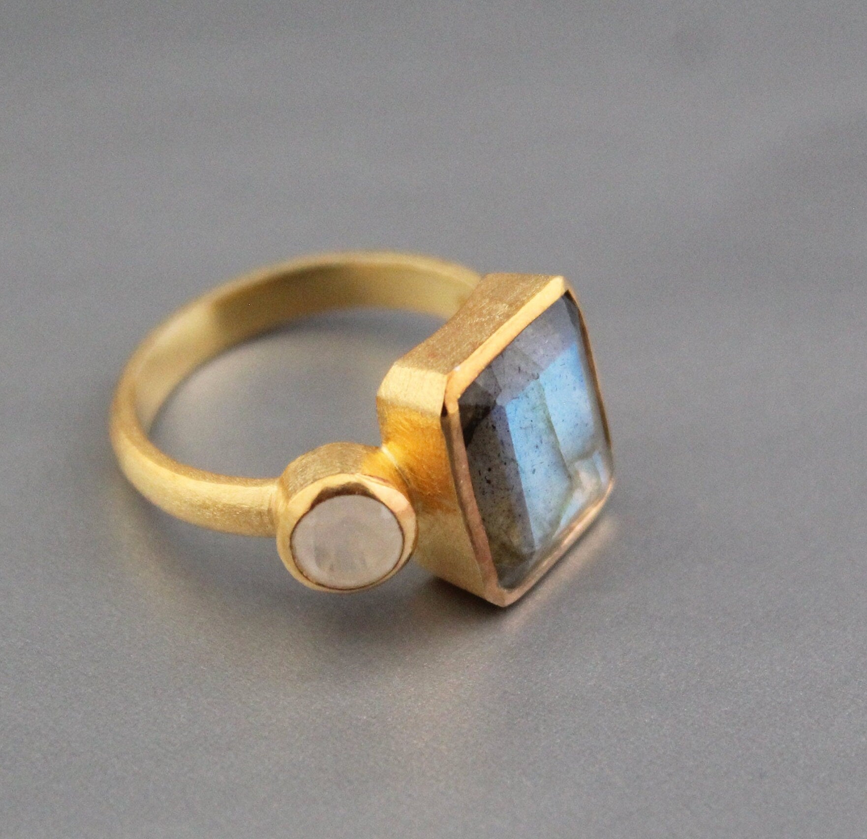 Handmade Blue Fire Labradorite Ring, Silver Jewelry, 14K Gold Ring, Rectangle Cut Birthstone