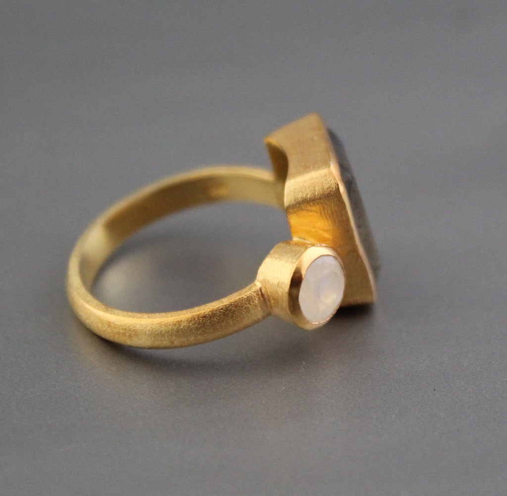 Handmade Blue Fire Labradorite Ring, Silver Jewelry, 14K Gold Ring, Rectangle Cut Birthstone