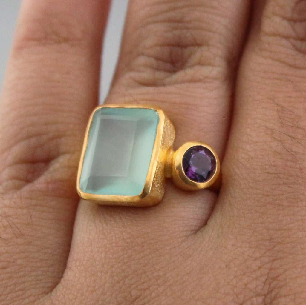 Aqua Chalcedony Ring, Gemstone Jewelry, 18k Gold Ring for Mom, Handmade Jewelry, Multi Stone Ring, Birthstone Jewelry, Minimalist Ring