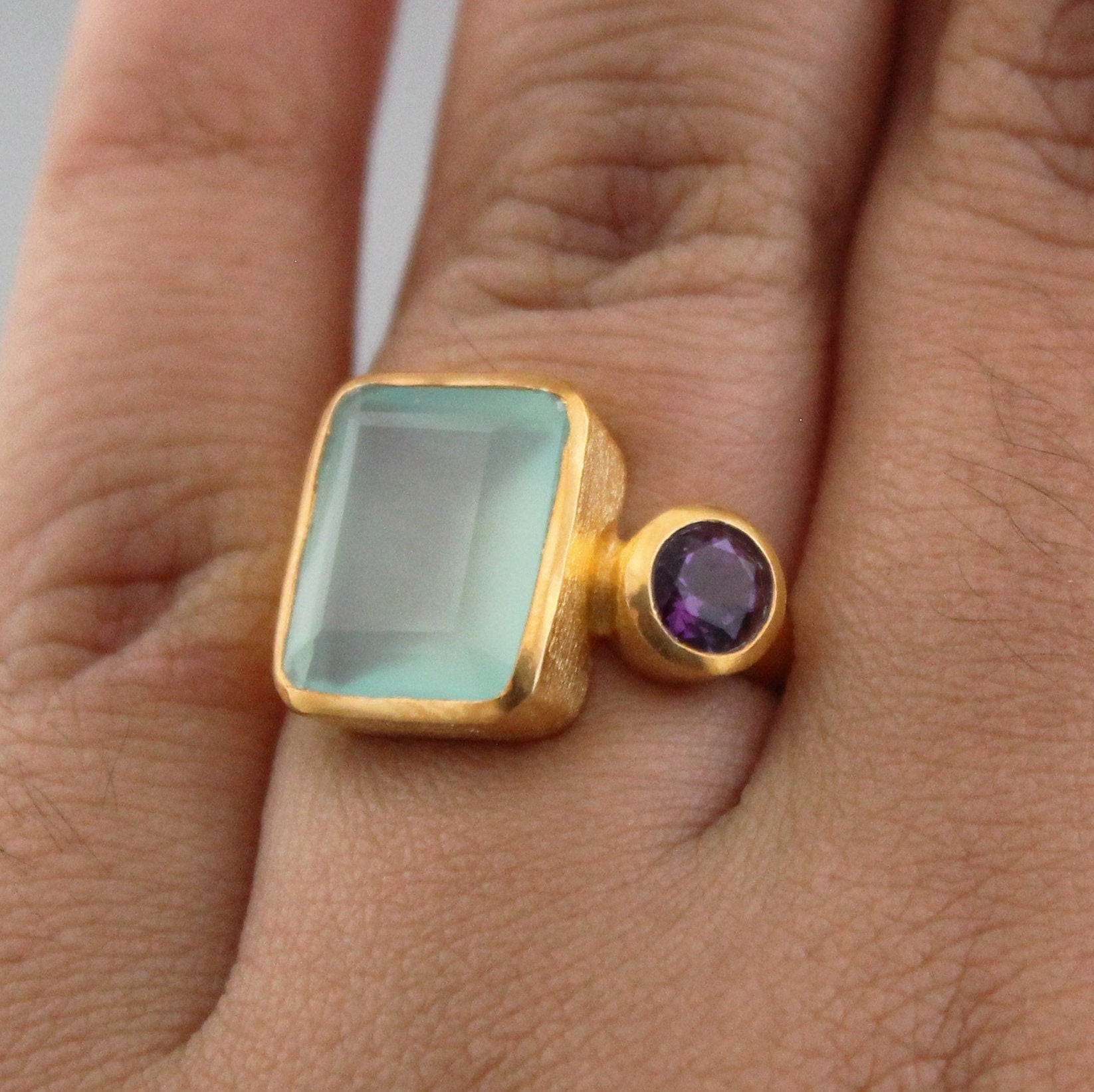 Aqua Chalcedony Ring, Gemstone Jewelry, 18k Gold Ring for Mom, Handmade Jewelry, Multi Stone Ring, Birthstone Jewelry, Minimalist Ring