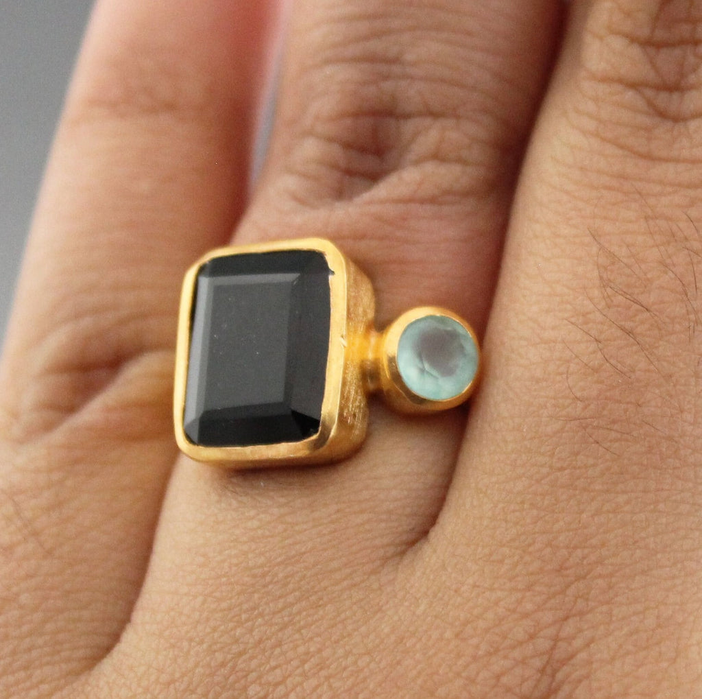Black Onyx Ring, Multi Stone Ring, Best Friends Gift, Dainty Gold Birthstone Jewelry, Mother's Day Ring, 18K Gold Ring