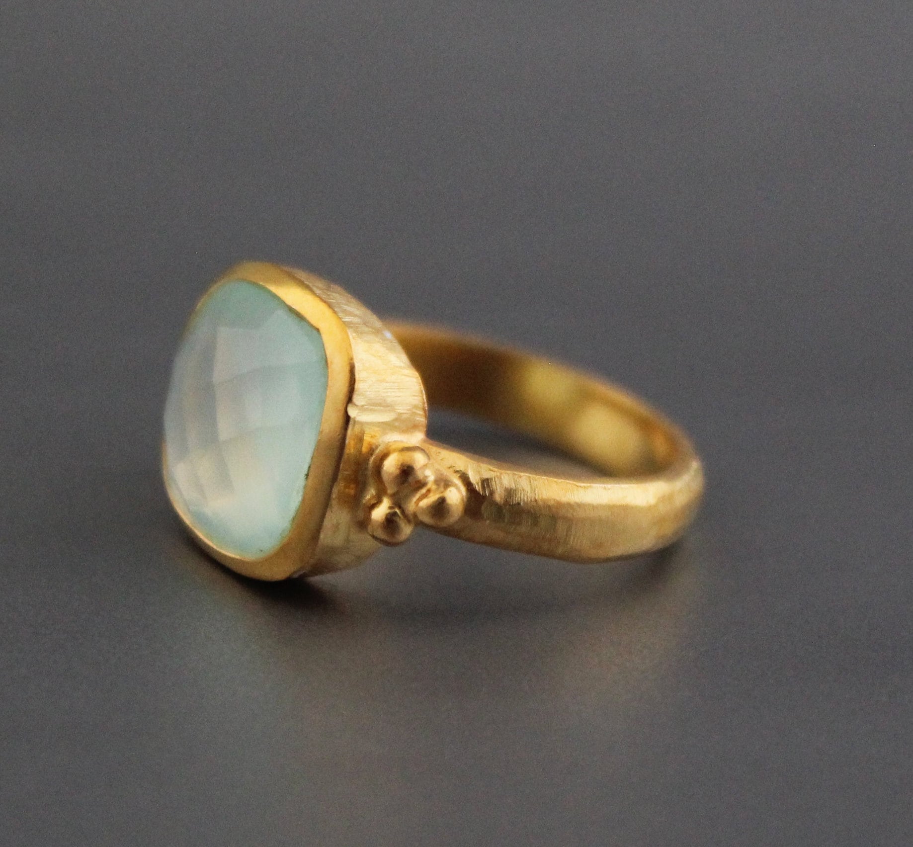 Aqua Chalcedony Ring: Hammered Sterling Silver Band, Gemstone Jewelry