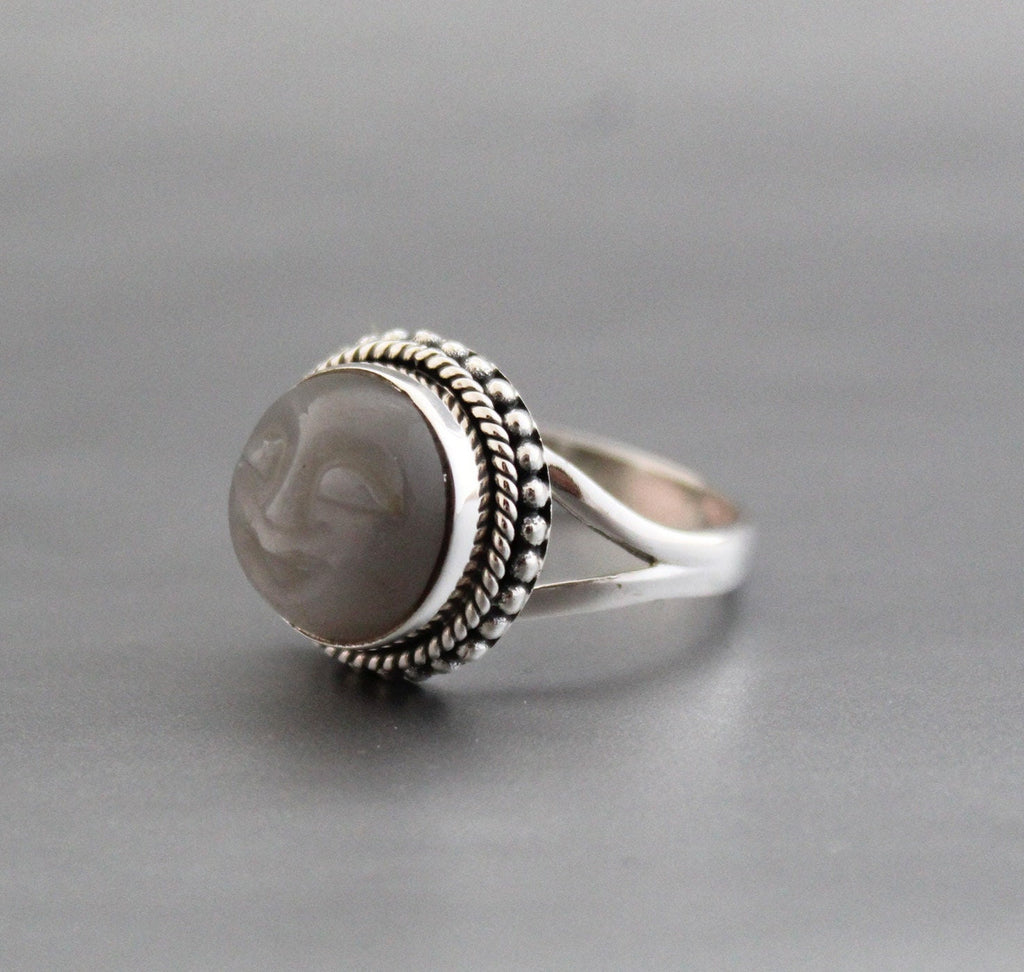 Grey Moonstone Face Ring, Sterling Silver Celestial Jewelry, Round Crystal Ring, Promise Ring