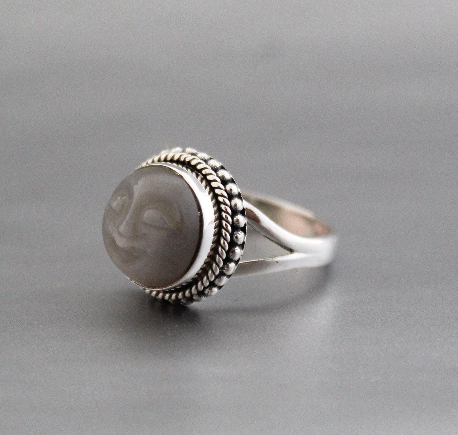 Grey Moonstone Face Ring, Sterling Silver Celestial Jewelry, Round Crystal Ring, Promise Ring