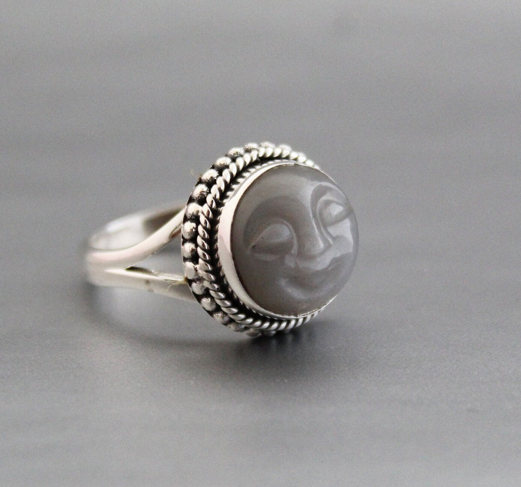 Grey Moonstone Face Ring, Sterling Silver Celestial Jewelry, Round Crystal Ring, Promise Ring
