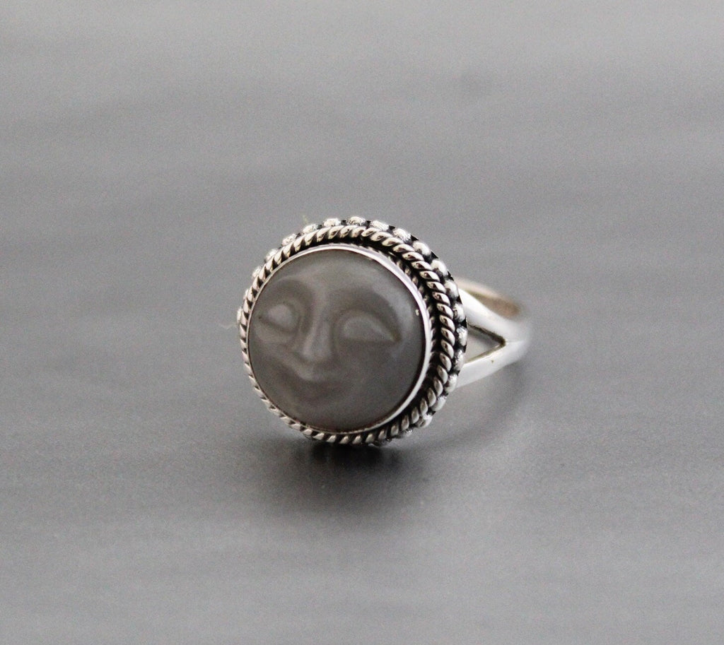 Grey Moonstone Face Ring, Sterling Silver Celestial Jewelry, Round Crystal Ring, Promise Ring