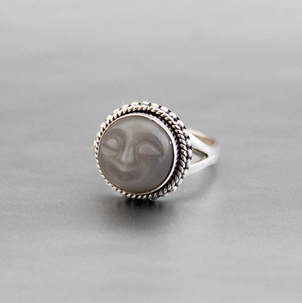 Grey Moonstone Face Ring, Sterling Silver Celestial Jewelry, Round Crystal Ring, Promise Ring