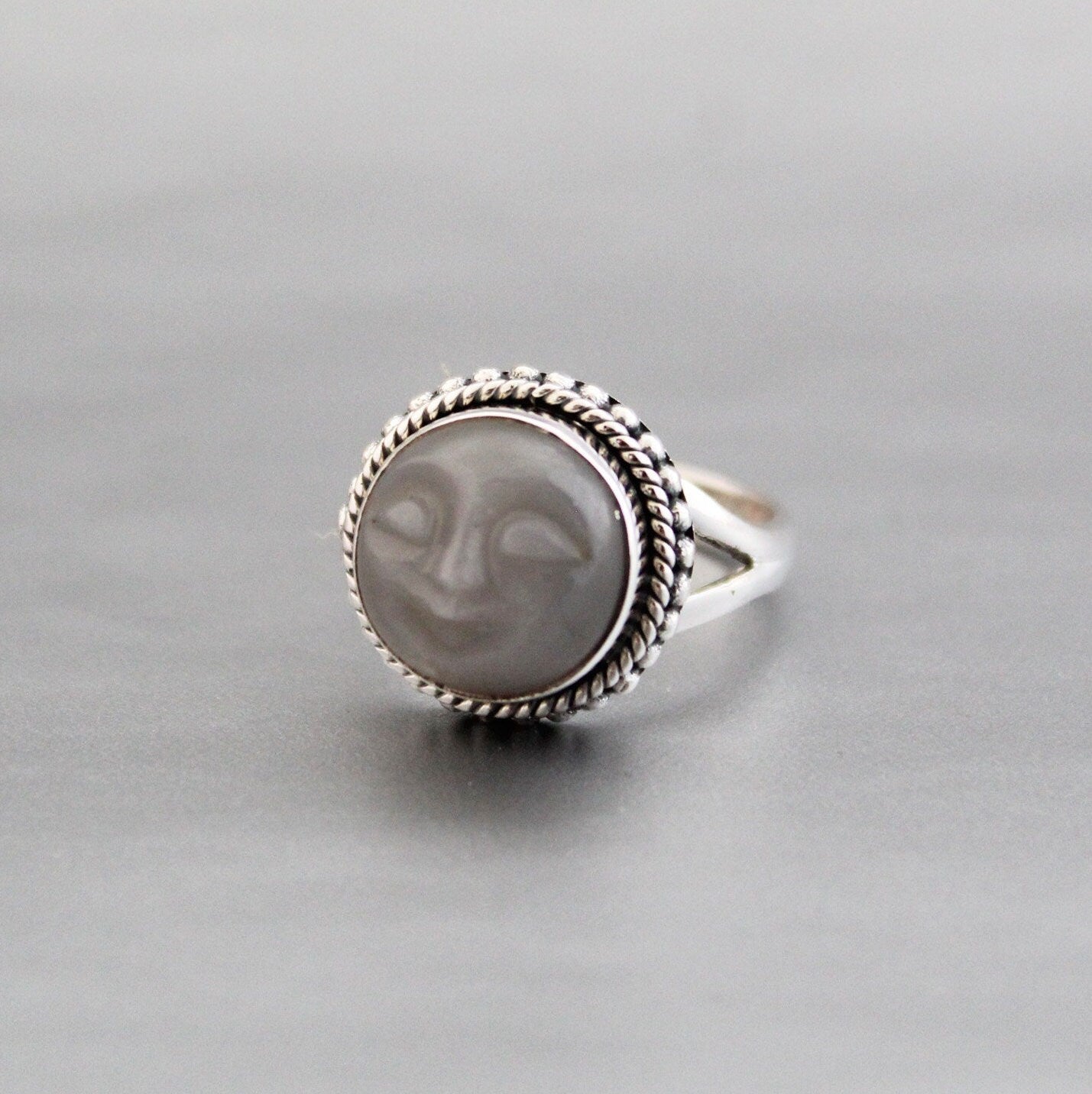 Grey Moonstone Face Ring, Sterling Silver Celestial Jewelry, Round Crystal Ring, Promise Ring