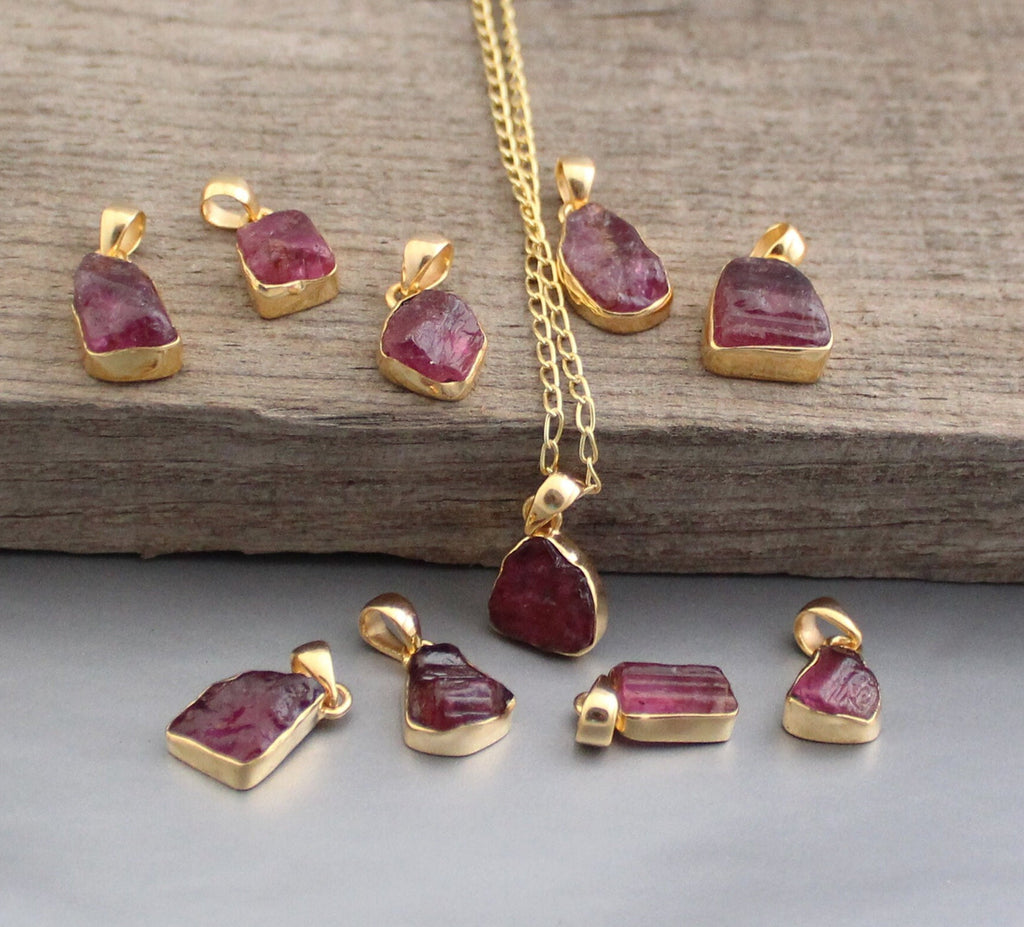 Raw Tourmaline Necklace, Pink Tourmaline Pendant, Dainty Gold Necklace, Simple Necklace, Raw Crystal Necklace, Birthstone Necklaces