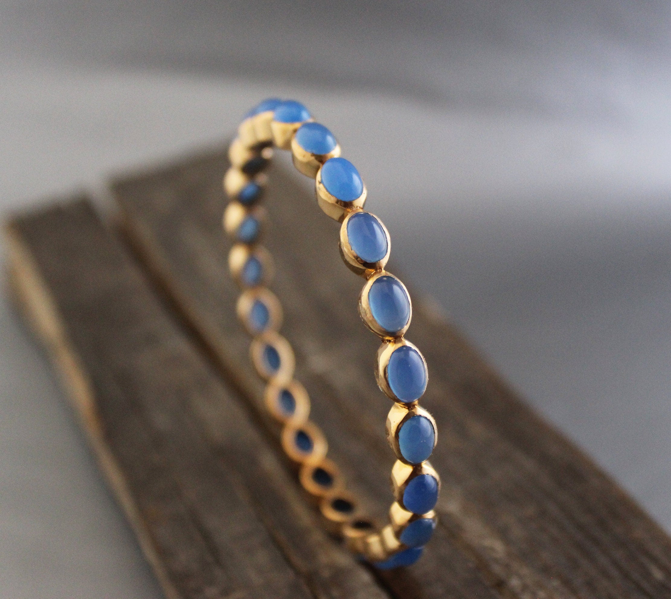 Blue Chalcedony Bangle, Bracelet Gift For Friend, Gold Plated, Valentine Gift