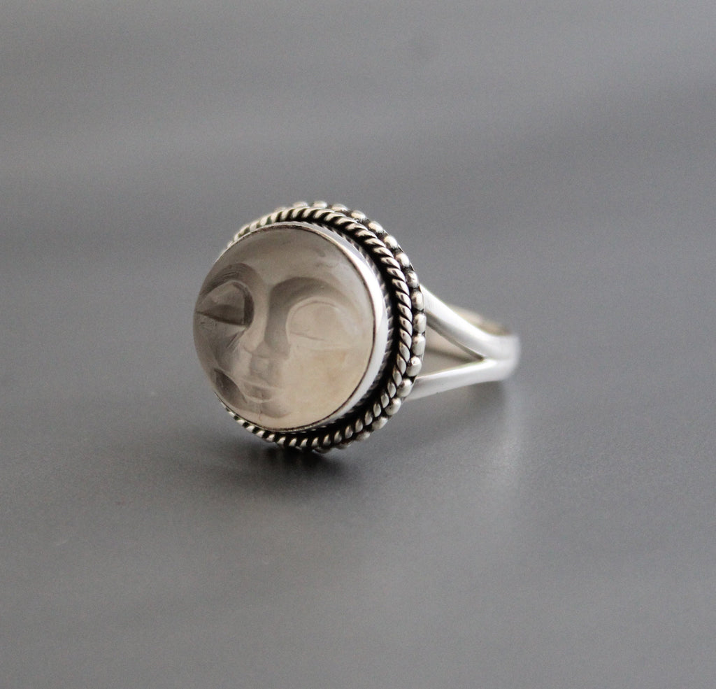 Clear Crystal Ring, Moon Face Ring, Sterling Silver Rings for Women, Celestial Jewelry, Boho Bohemian Jewelry, Gift for Mom, Gift for Wife