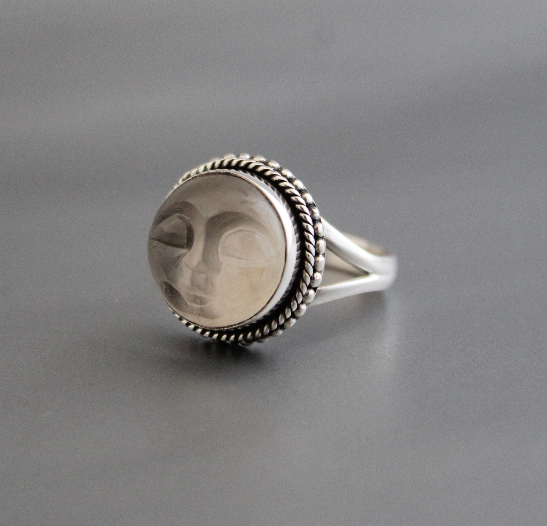 Clear Crystal Ring, Moon Face Ring, Sterling Silver Rings for Women, Celestial Jewelry, Boho Bohemian Jewelry, Gift for Mom, Gift for Wife