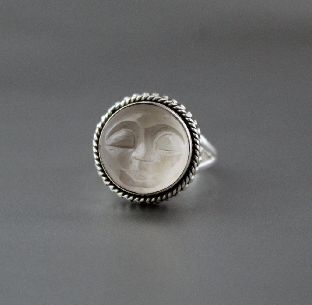 Clear Crystal Ring, Moon Face Ring, Sterling Silver Rings for Women, Celestial Jewelry, Boho Bohemian Jewelry, Gift for Mom, Gift for Wife