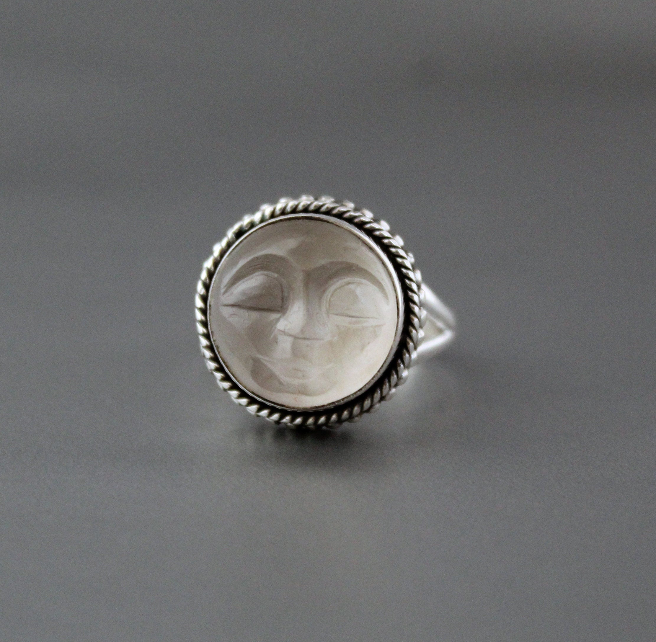 Clear Crystal Ring, Moon Face Ring, Sterling Silver Rings for Women, Celestial Jewelry, Boho Bohemian Jewelry, Gift for Mom, Gift for Wife