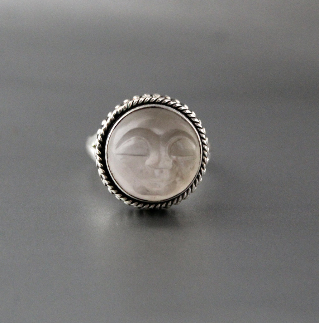 Clear Crystal Ring, Moon Face Ring, Sterling Silver Rings for Women, Celestial Jewelry, Boho Bohemian Jewelry, Gift for Mom, Gift for Wife
