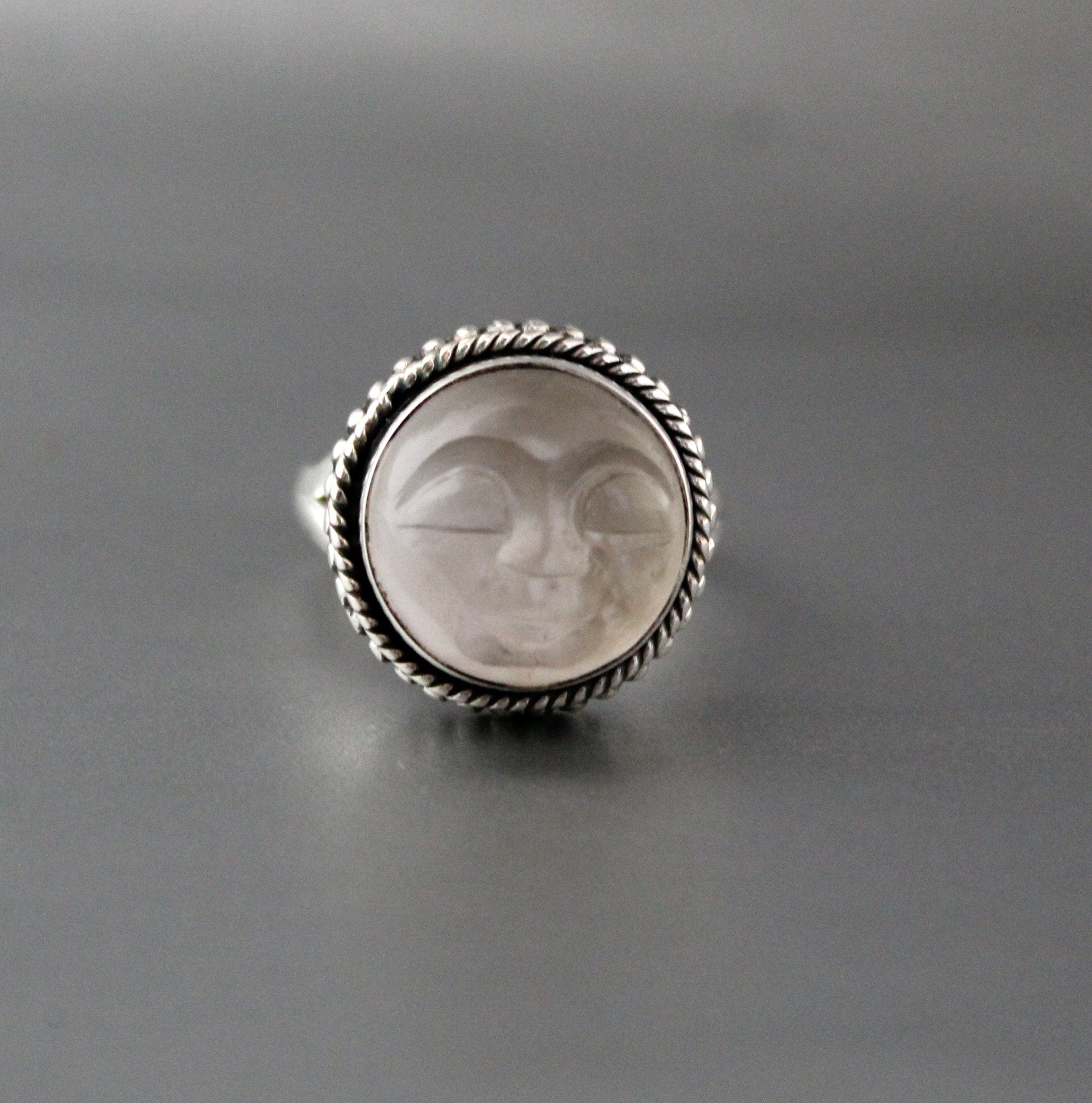 Clear Crystal Ring, Moon Face Ring, Sterling Silver Rings for Women, Celestial Jewelry, Boho Bohemian Jewelry, Gift for Mom, Gift for Wife