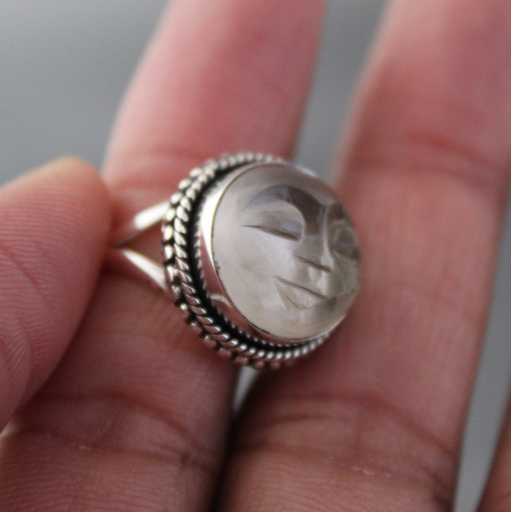 Clear Crystal Ring, Moon Face Ring, Sterling Silver Rings for Women, Celestial Jewelry, Boho Bohemian Jewelry, Gift for Mom, Gift for Wife