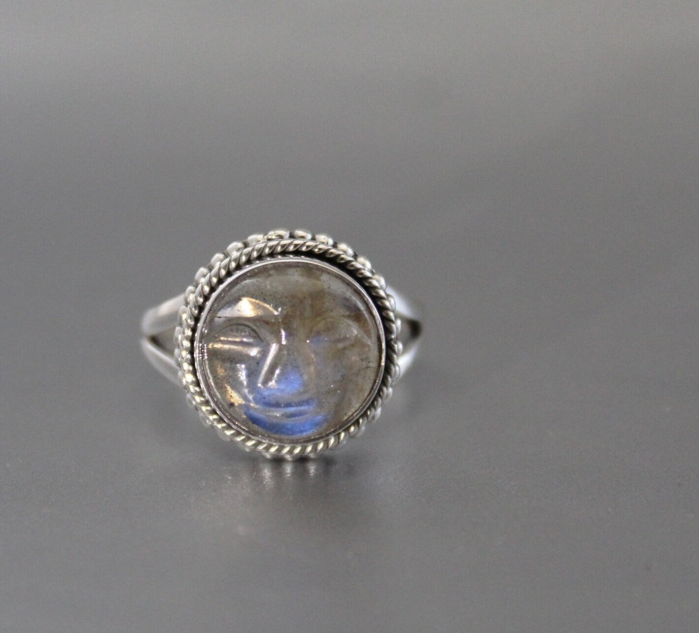 Labradorite Moon Face Ring, Sterling Silver Art Deco Ring, Handmade Labradorite Statement Ring