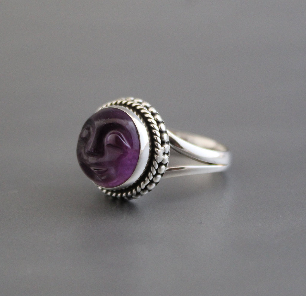 Amethyst Moon Face Ring, Feburary Birthstone, 925 Sterling Silver Crystal Statement Ring, Nature Jewelry, Gift for Mom