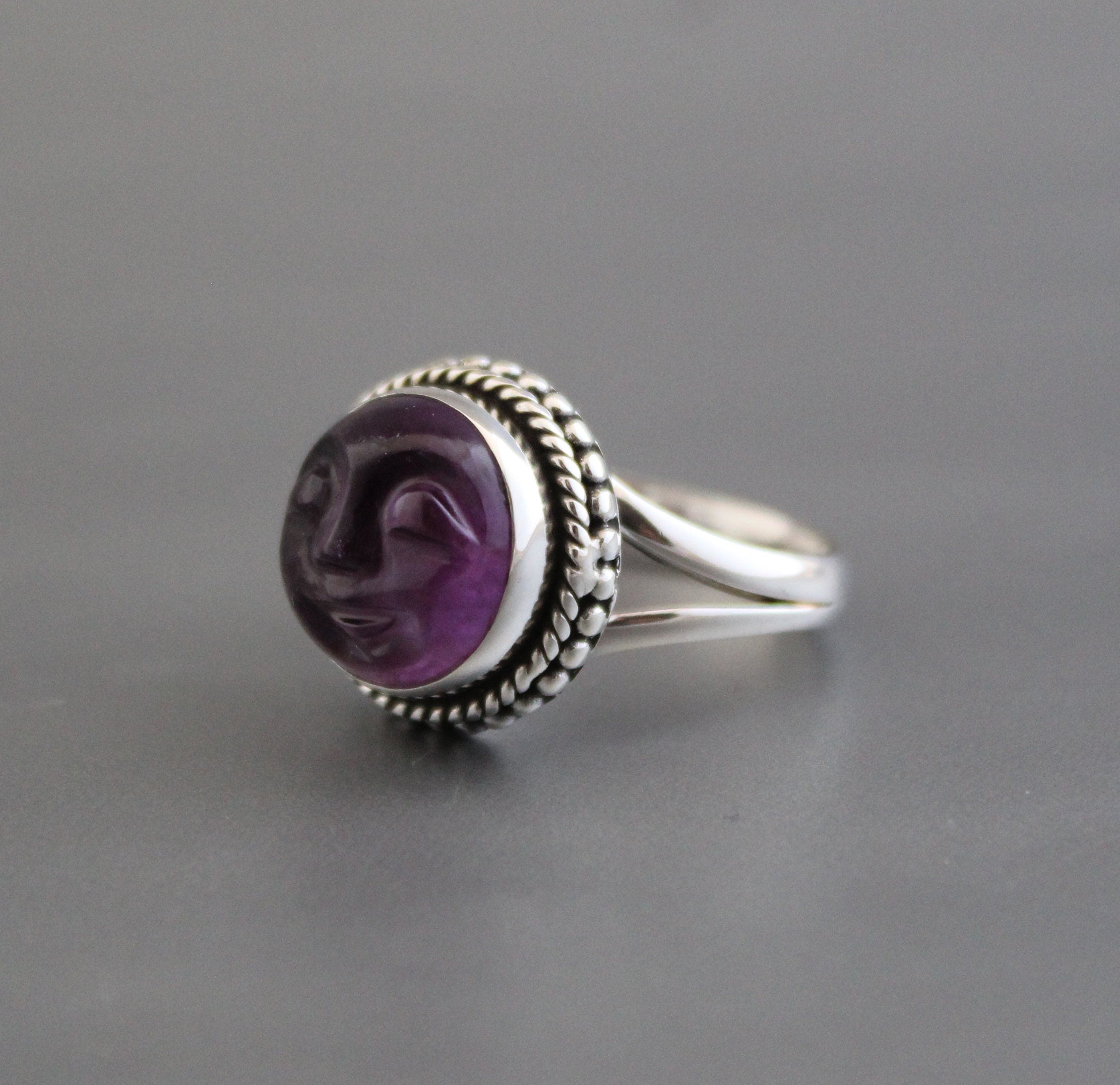 Amethyst Moon Face Ring, Feburary Birthstone, 925 Sterling Silver Crystal Statement Ring, Nature Jewelry, Gift for Mom