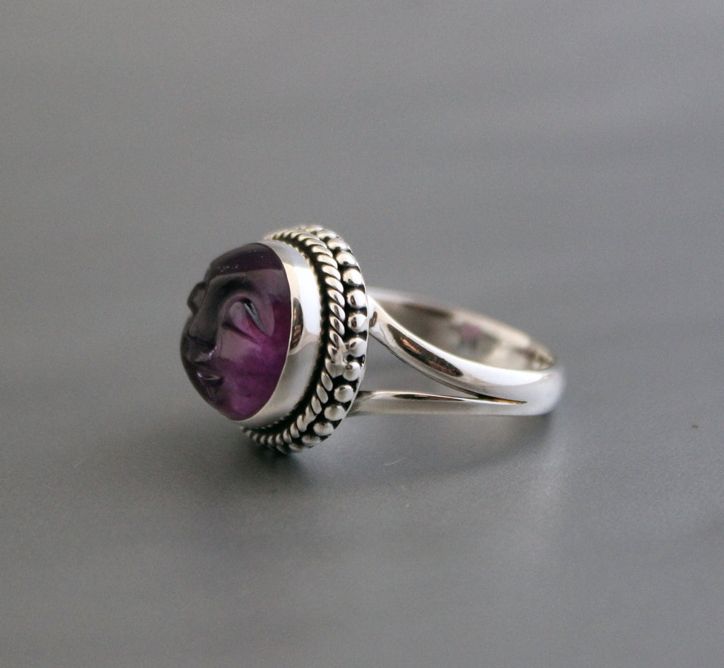 Amethyst Moon Face Ring, Feburary Birthstone, 925 Sterling Silver Crystal Statement Ring, Nature Jewelry, Gift for Mom