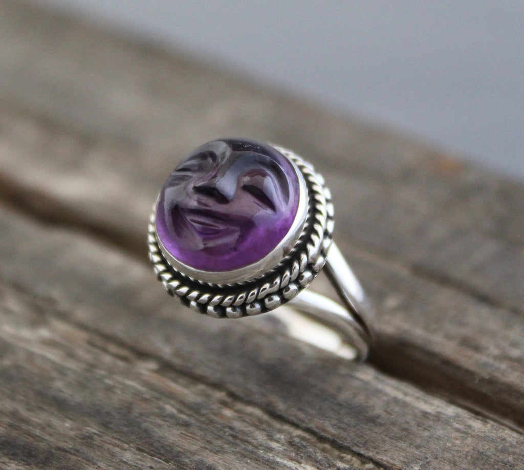 Amethyst Moon Face Ring, Feburary Birthstone, 925 Sterling Silver Crystal Statement Ring, Nature Jewelry, Gift for Mom