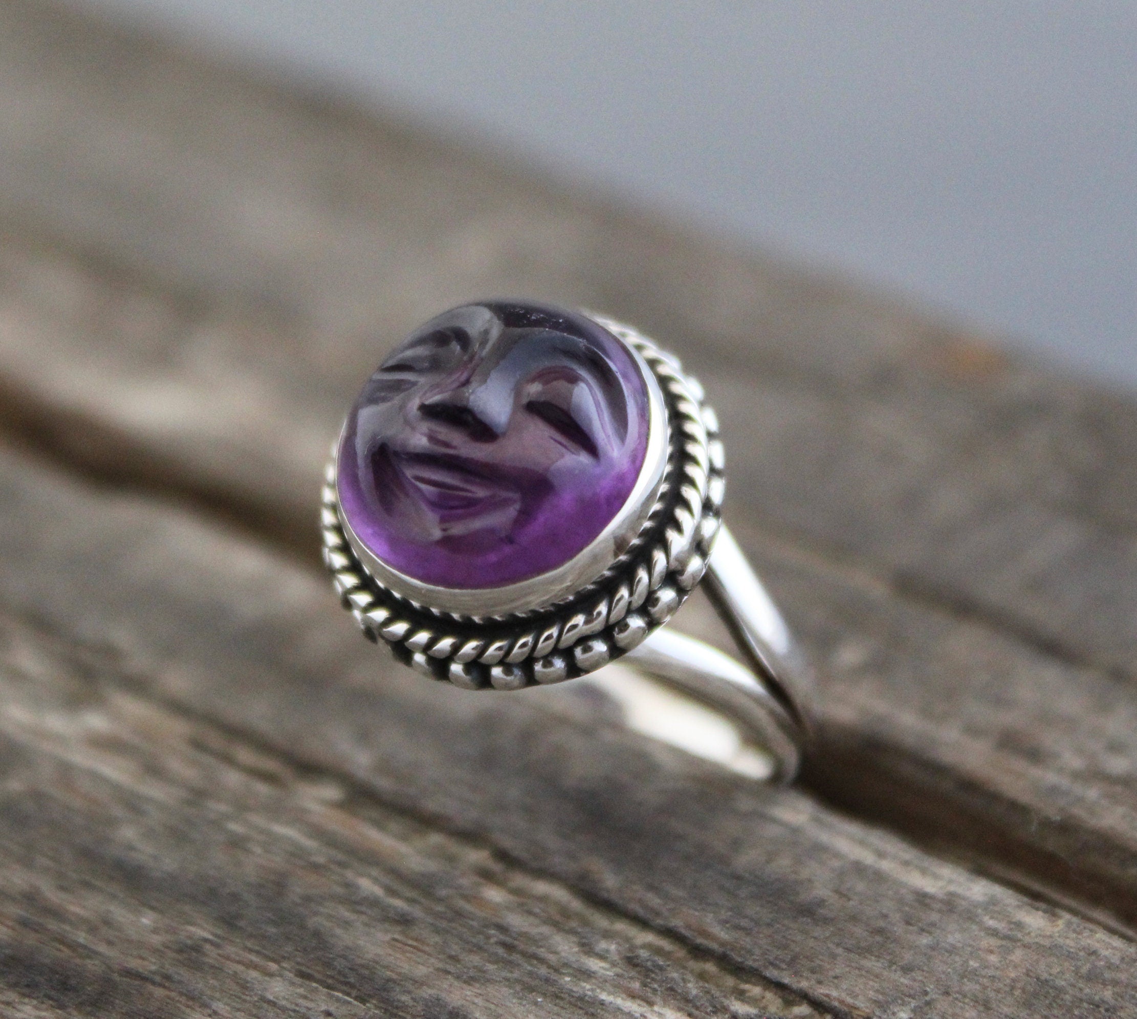 Amethyst Moon Face Ring, Feburary Birthstone, 925 Sterling Silver Crystal Statement Ring, Nature Jewelry, Gift for Mom
