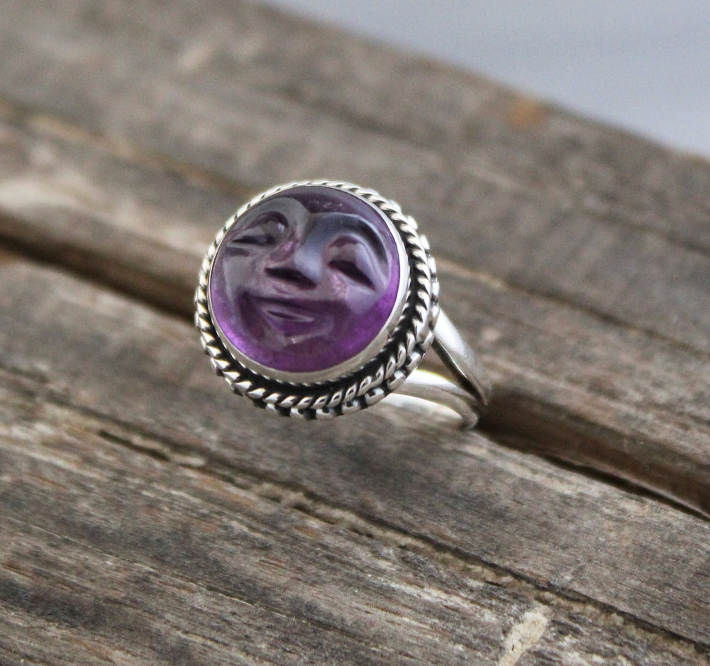 Amethyst Moon Face Ring, Feburary Birthstone, 925 Sterling Silver Crystal Statement Ring, Nature Jewelry, Gift for Mom