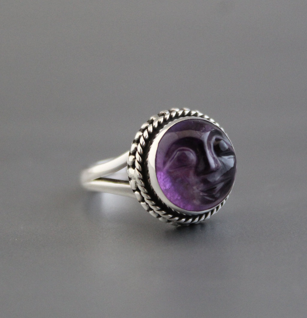 Amethyst Moon Face Ring, Feburary Birthstone, 925 Sterling Silver Crystal Statement Ring, Nature Jewelry, Gift for Mom