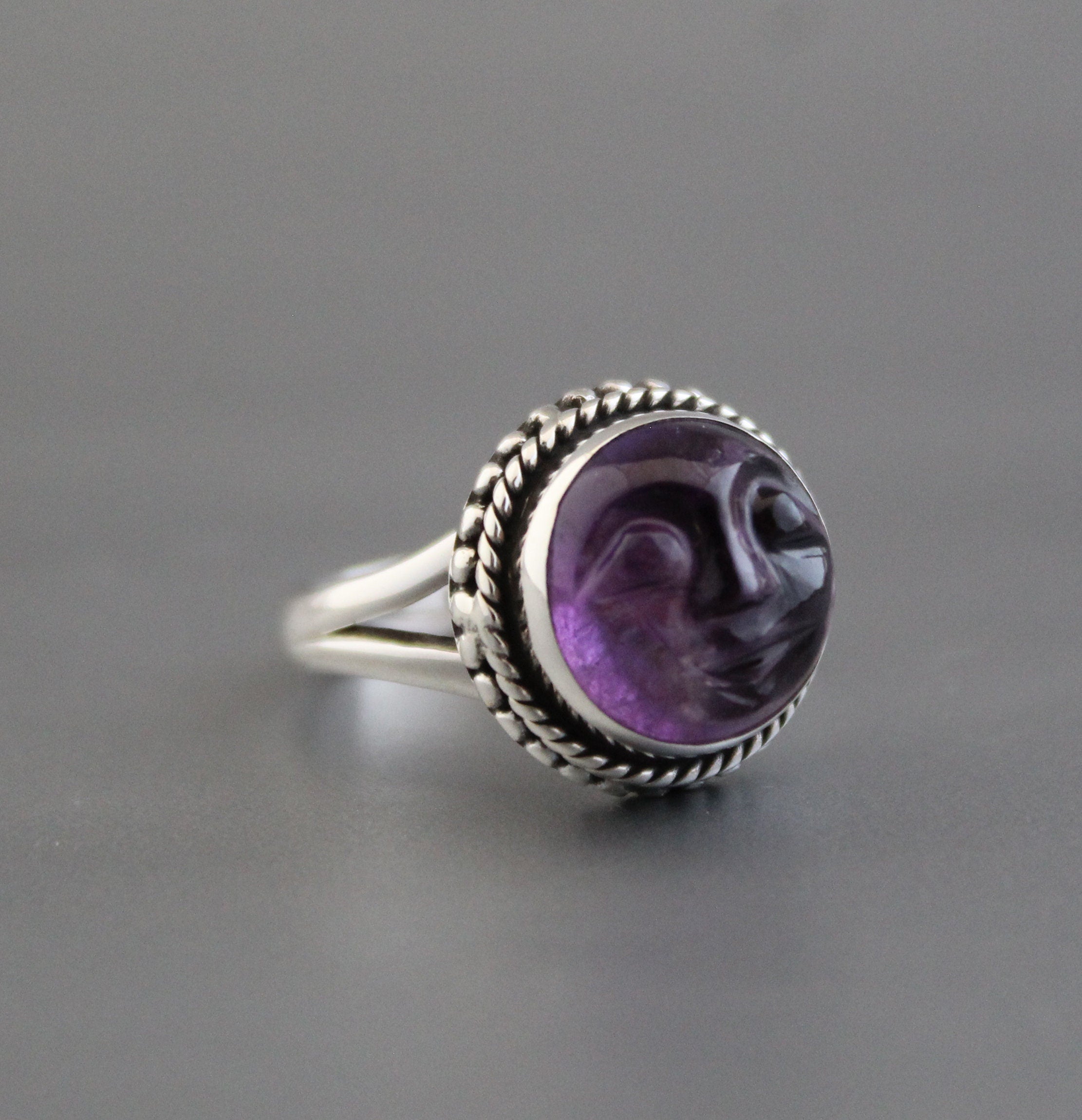 Amethyst Moon Face Ring, Feburary Birthstone, 925 Sterling Silver Crystal Statement Ring, Nature Jewelry, Gift for Mom