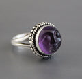 Amethyst Moon Face Ring, Feburary Birthstone, 925 Sterling Silver Crystal Statement Ring, Nature Jewelry, Gift for Mom