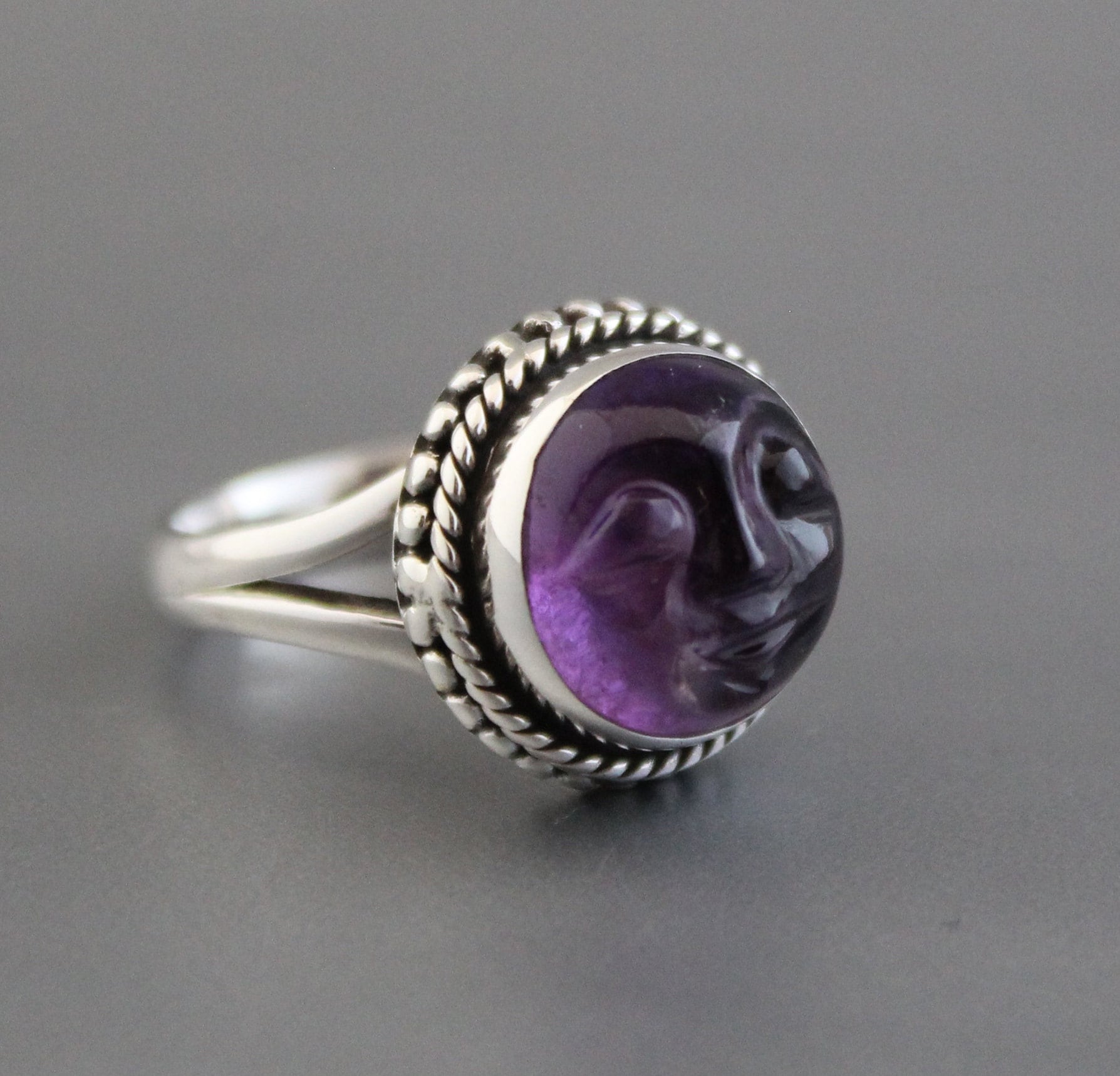 Amethyst Moon Face Ring, Feburary Birthstone, 925 Sterling Silver Crystal Statement Ring, Nature Jewelry, Gift for Mom