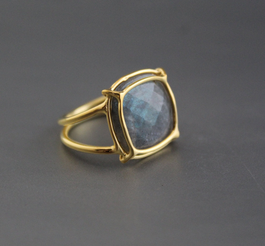 Natural Labradorite Ring, Gold Wired ring, Cushion 925 Sterling Silver Ring, Handmade Gemstone Jewelry