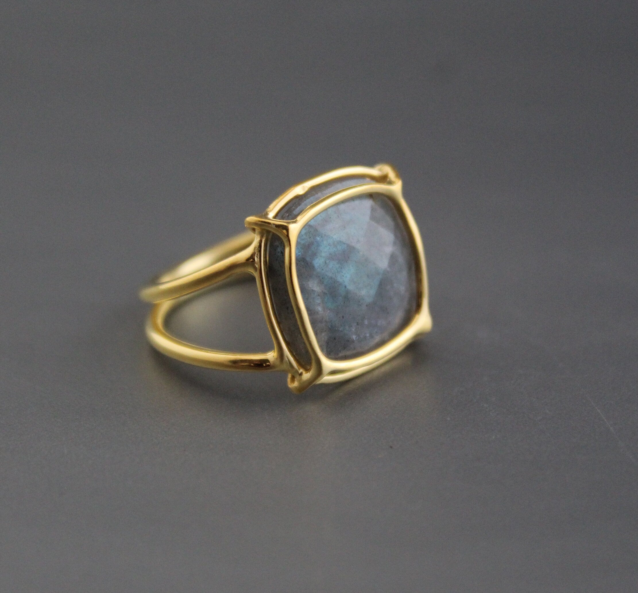 Natural Labradorite Ring, Gold Wired ring, Cushion 925 Sterling Silver Ring, Handmade Gemstone Jewelry