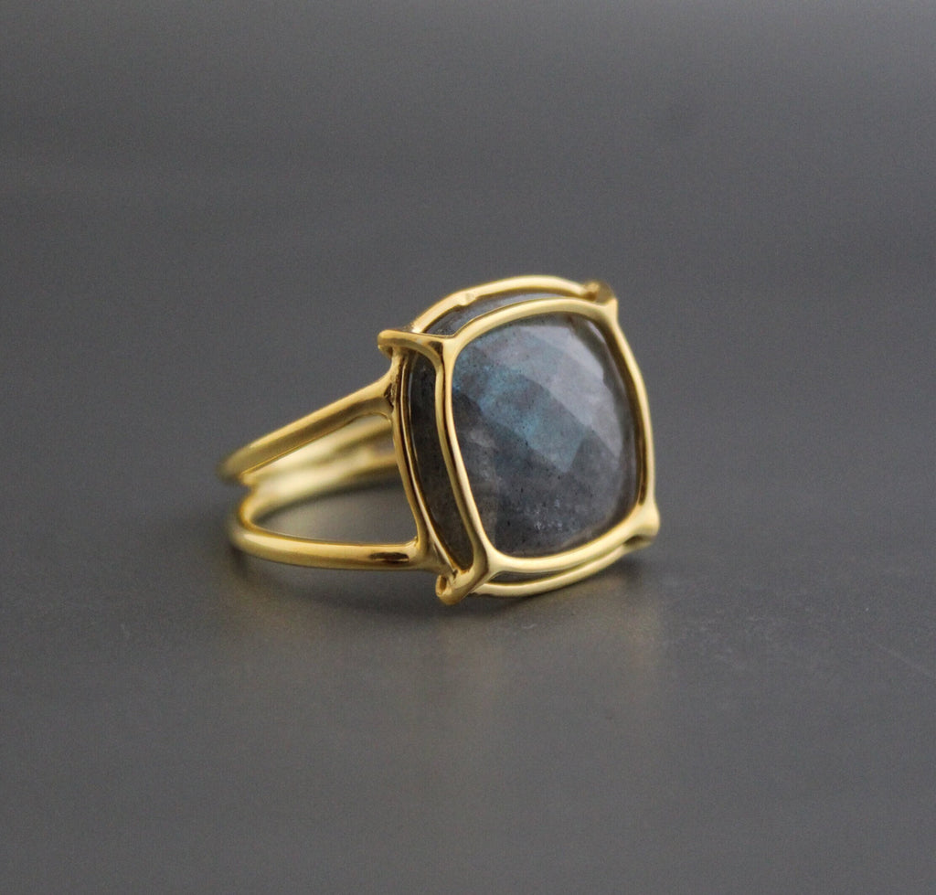 Natural Labradorite Ring, Gold Wired ring, Cushion 925 Sterling Silver Ring, Handmade Gemstone Jewelry