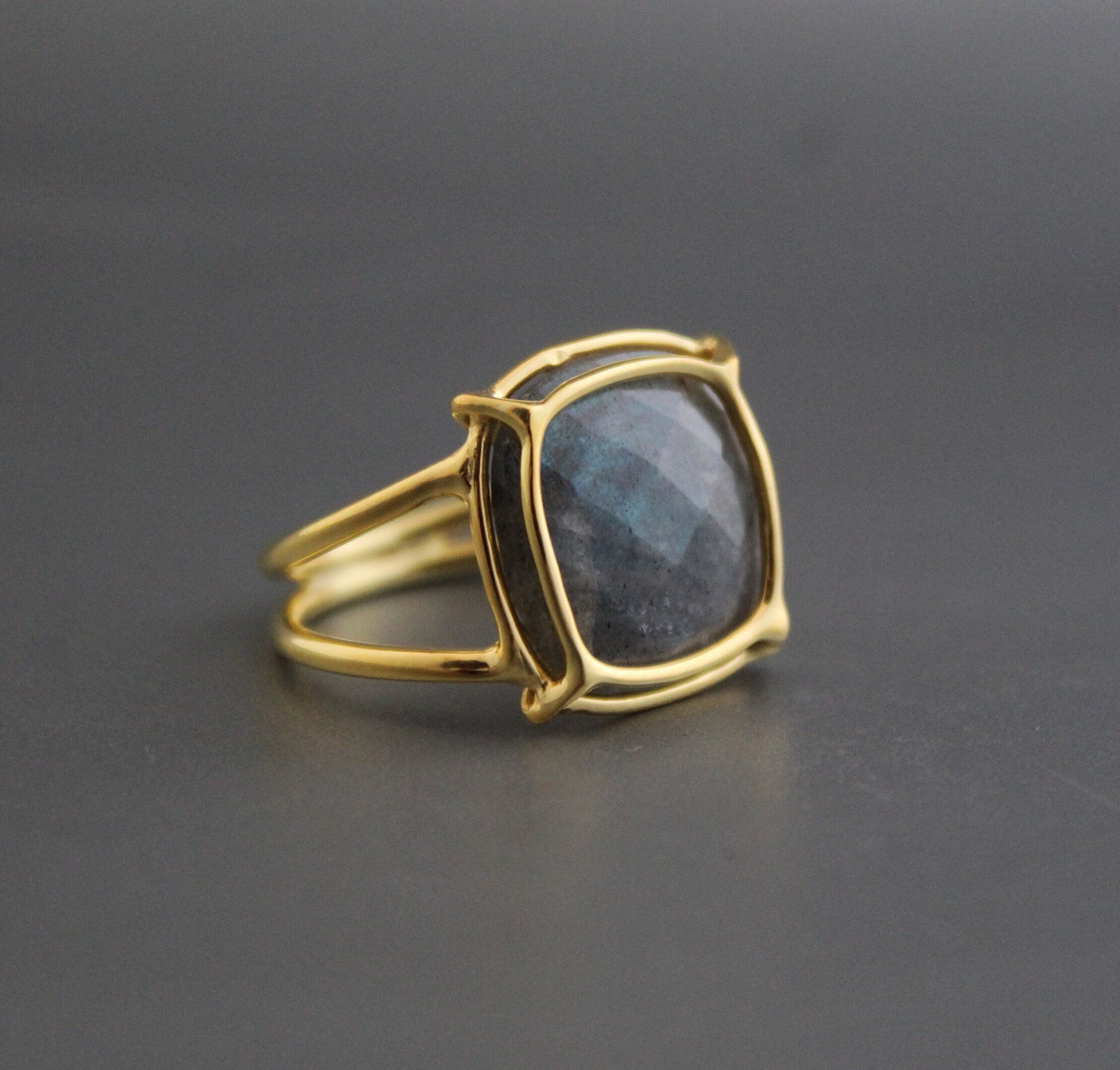 Natural Labradorite Ring, Gold Wired ring, Cushion 925 Sterling Silver Ring, Handmade Gemstone Jewelry