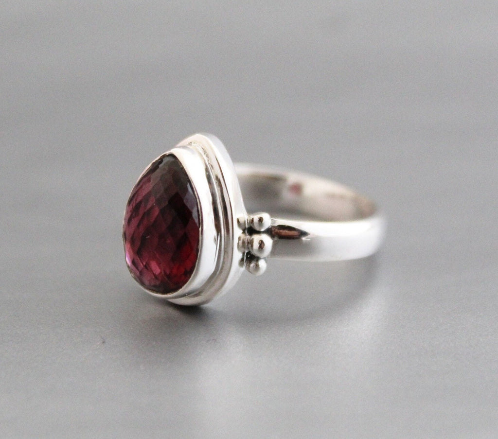 Natural Garnet Sterling Silver Ring, January Birthstone, Handmade Jewelry, Teardrop Gemstone, Vintage Gift for Her, Unique Silver Ring