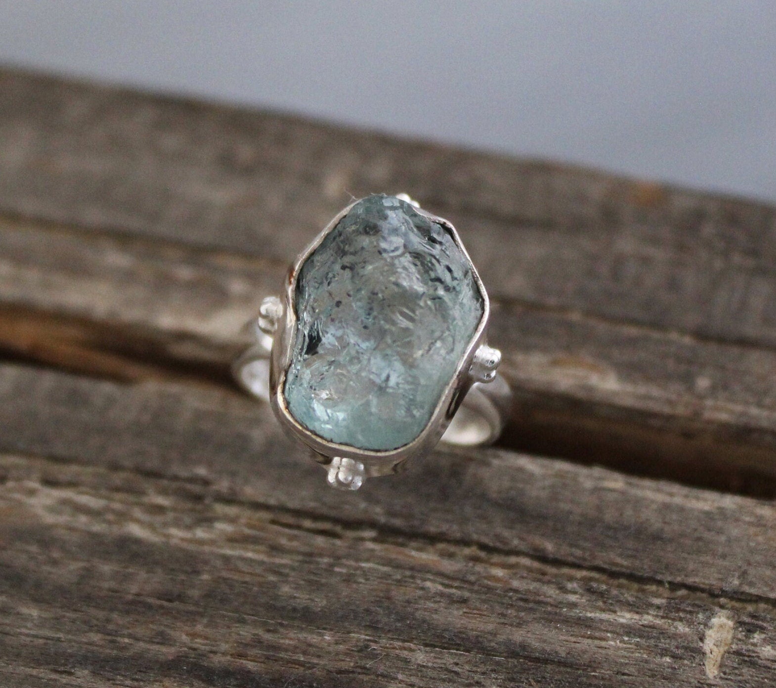 Raw Aquamarine Ring, March Birthstone 925 Sterling Silver Healing Crystal, Handmade Asymmetric Design with Crystal