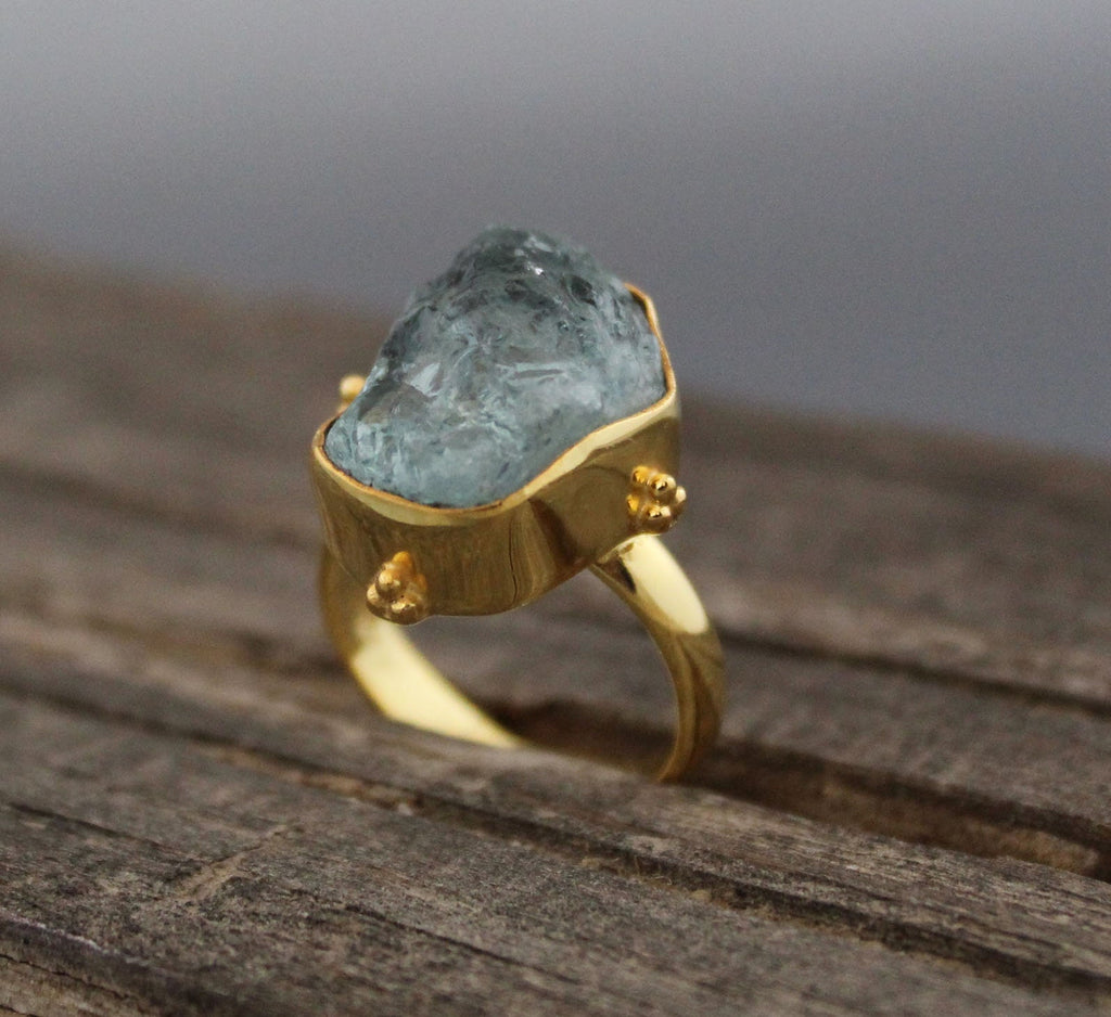 Raw Aquamarine Ring: Sterling Silver Rough Crystal Birthstone Jewelry