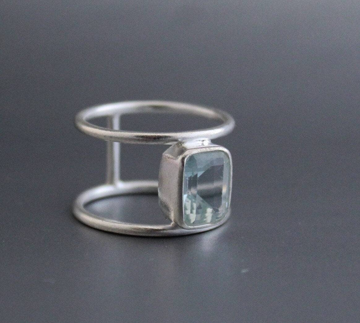 Aquamarine Ring, Octagon Cut, Silver March Birthstone, gift for Mom