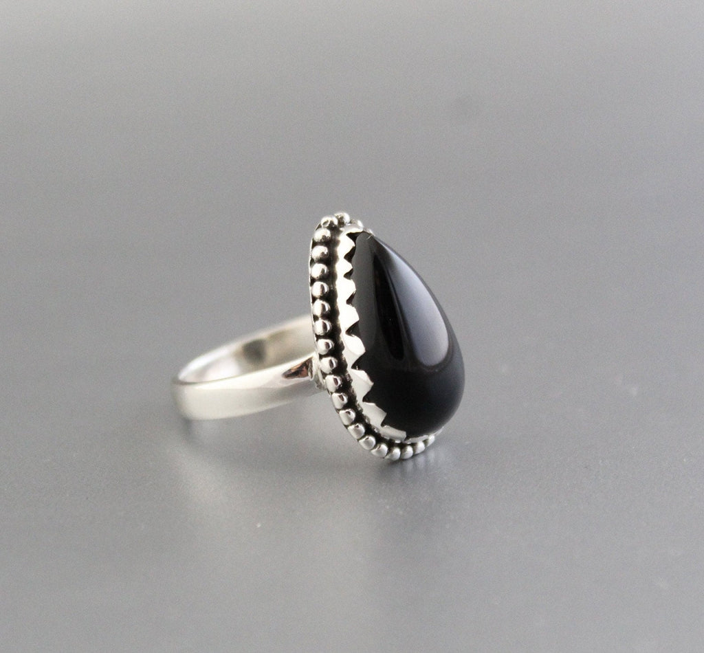 Black Onyx Teardrop Ring in Sterling Silver, Vintage Onyx Stone, Handmade Silver Black Onyx Ring, Retro Boho Jewelry Gift