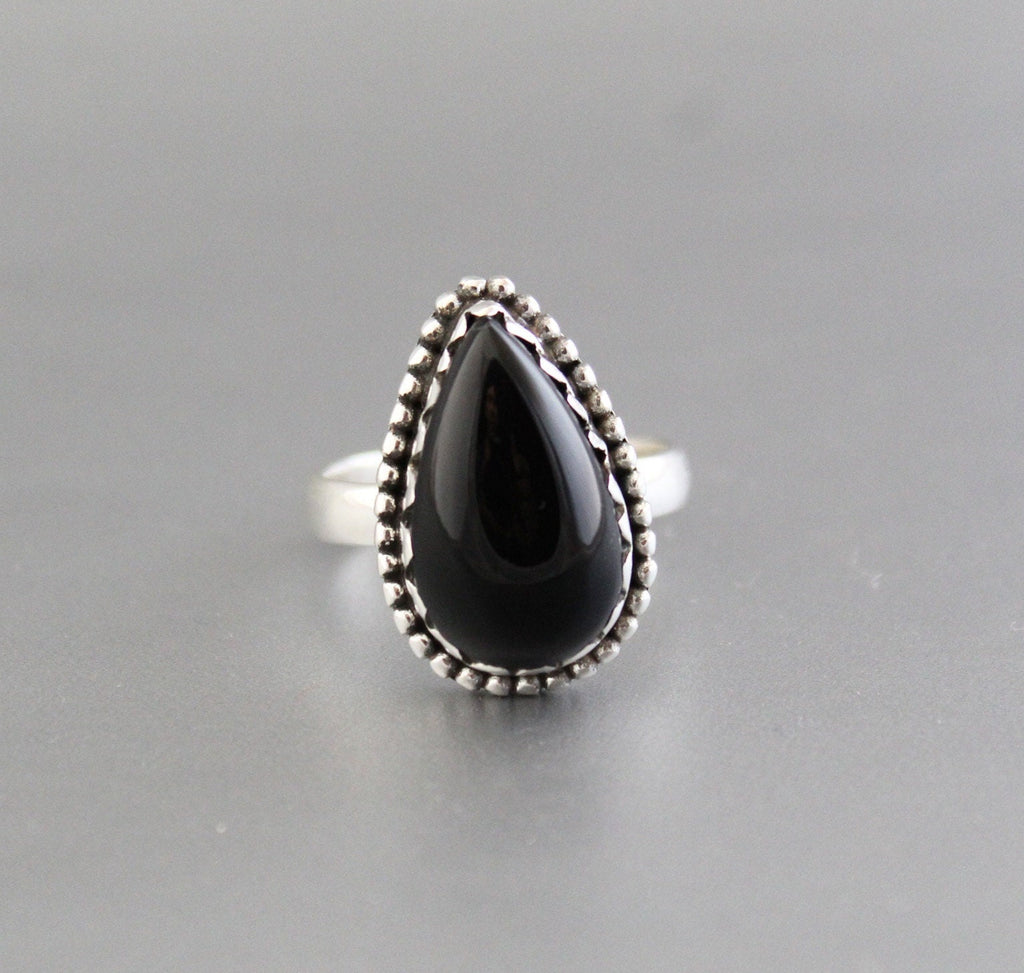 Black Onyx Teardrop Ring in Sterling Silver, Vintage Onyx Stone, Handmade Silver Black Onyx Ring, Retro Boho Jewelry Gift