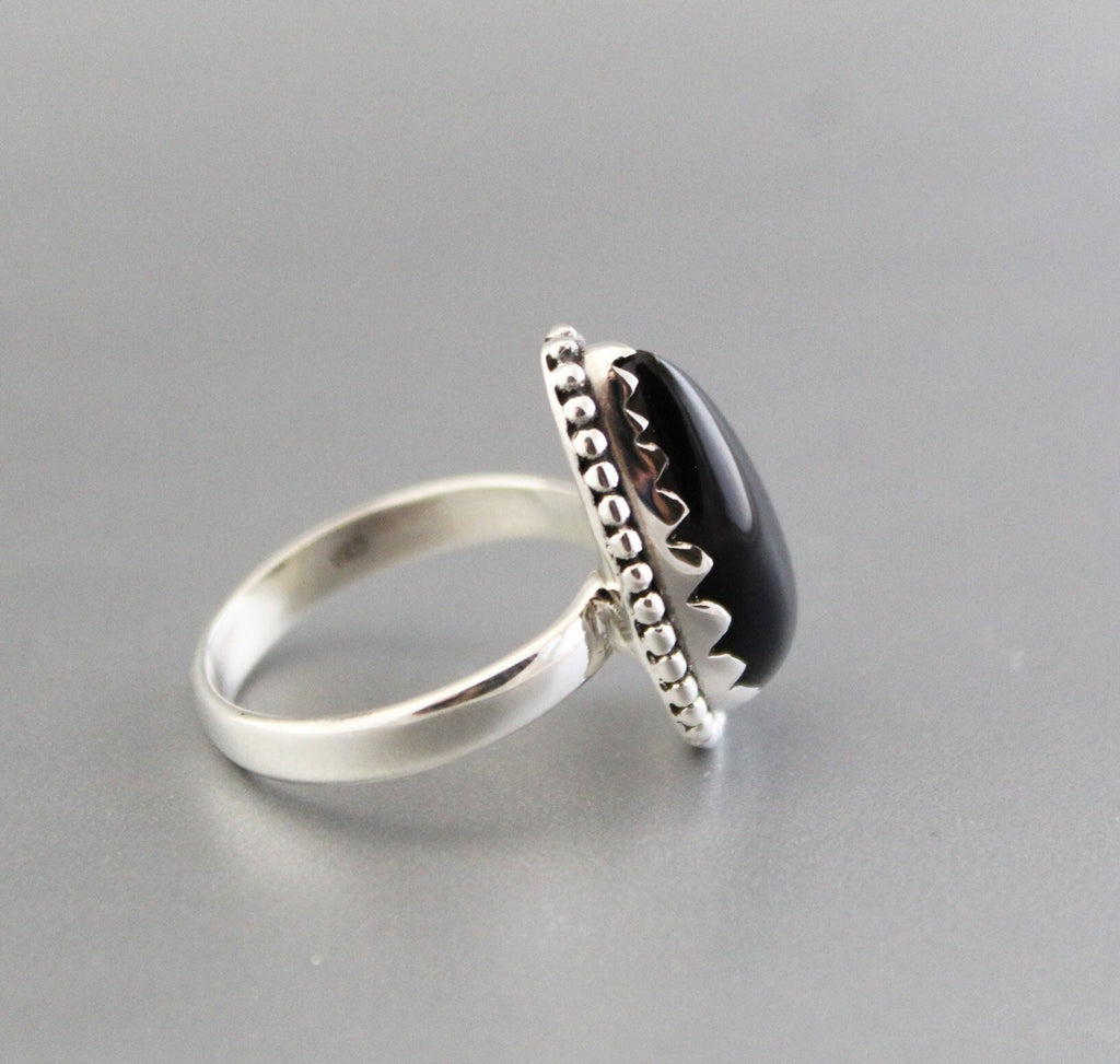 Black Onyx Teardrop Ring in Sterling Silver, Vintage Onyx Stone, Handmade Silver Black Onyx Ring, Retro Boho Jewelry Gift