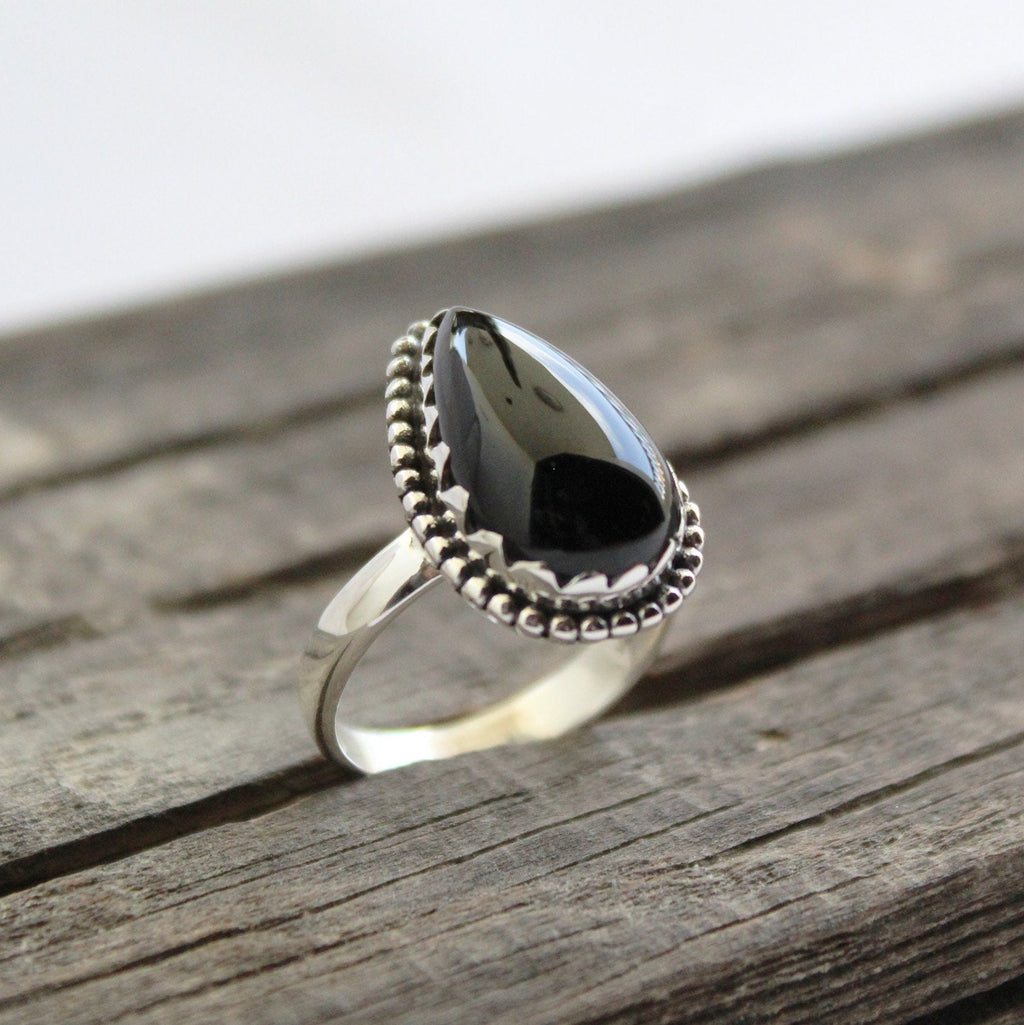 Black Onyx Teardrop Ring in Sterling Silver, Vintage Onyx Stone, Handmade Silver Black Onyx Ring, Retro Boho Jewelry Gift