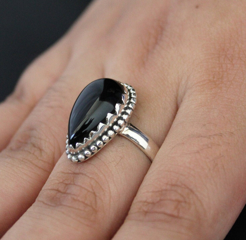 Black Onyx Teardrop Ring in Sterling Silver, Vintage Onyx Stone, Handmade Silver Black Onyx Ring, Retro Boho Jewelry Gift