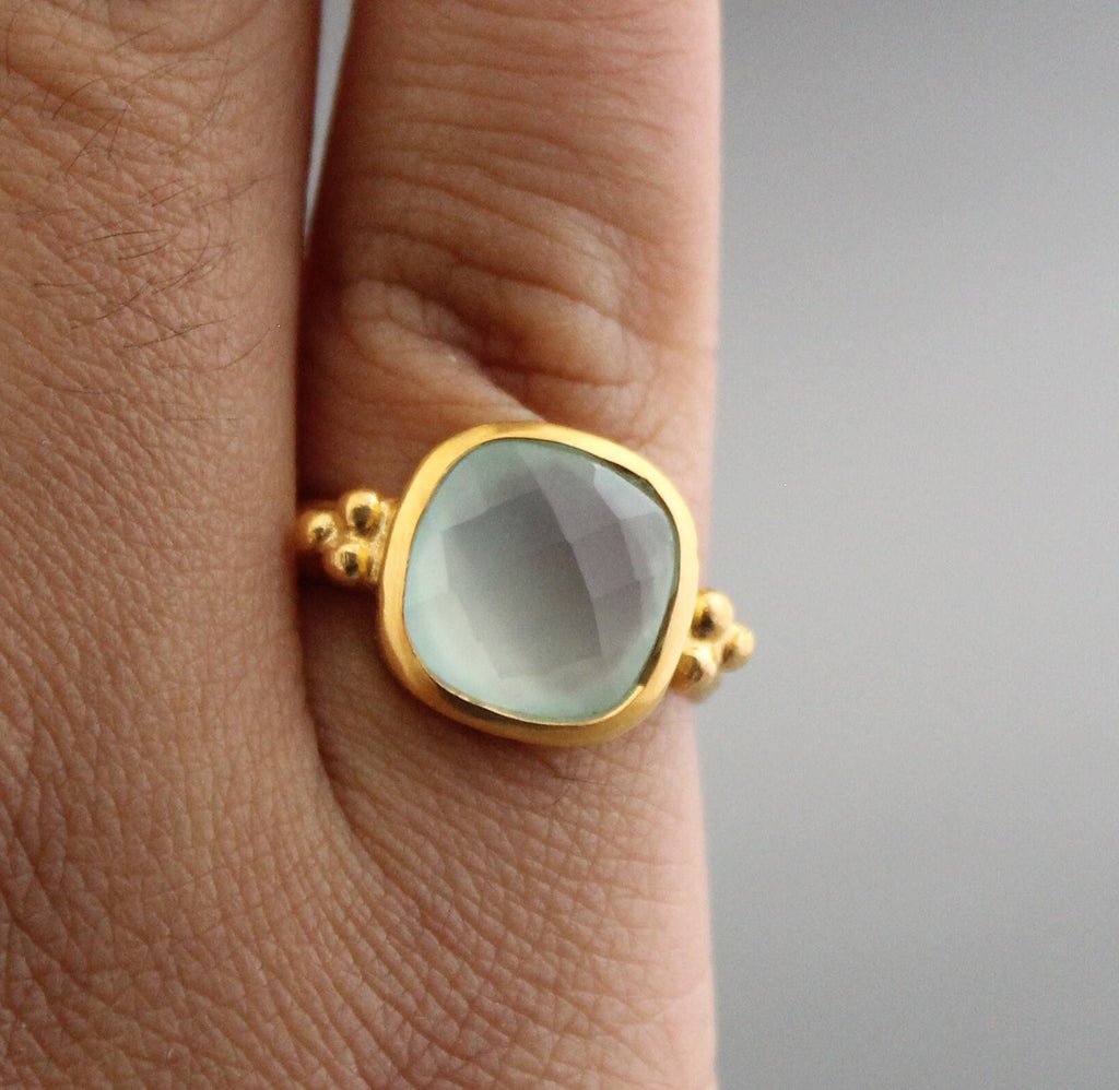 Aqua Chalcedony Ring: Hammered Sterling Silver Band, Gemstone Jewelry