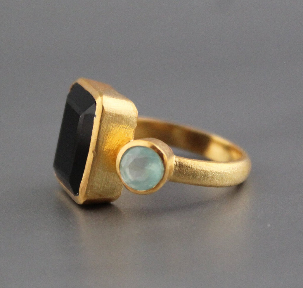 Black Onyx Rectangle Ring, 18K Gold, Two Stone, Woman Cocktail Ring, Handmade Onyx Ring, Boho Jewelry, Gift For Wife