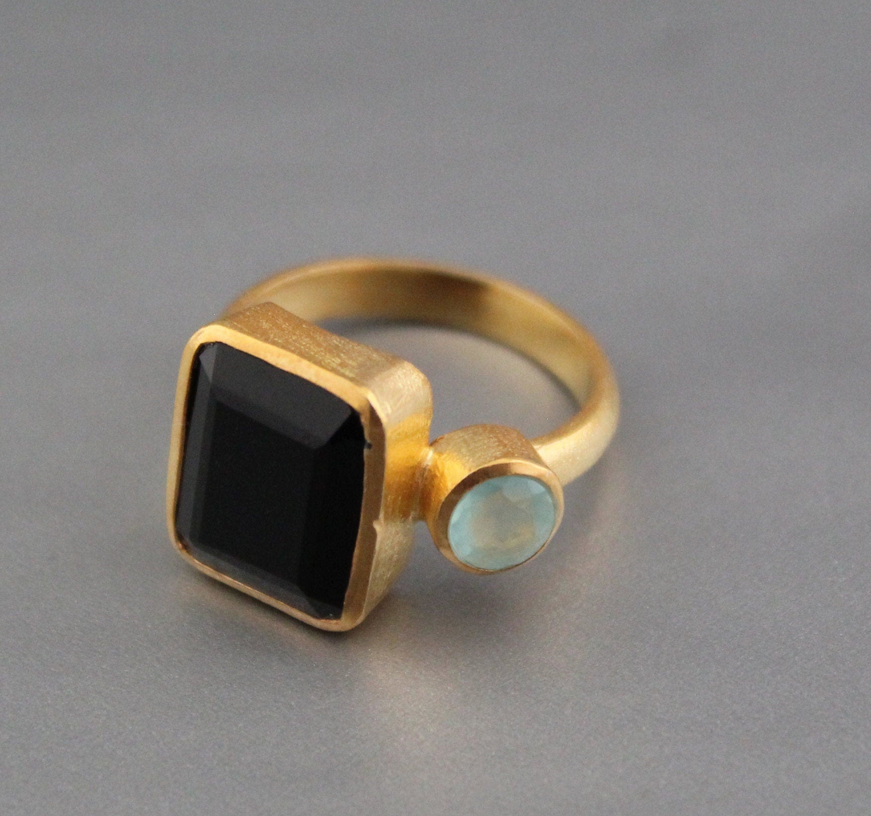 Black Onyx Rectangle Ring, 18K Gold, Two Stone, Woman Cocktail Ring, Handmade Onyx Ring, Boho Jewelry, Gift For Wife