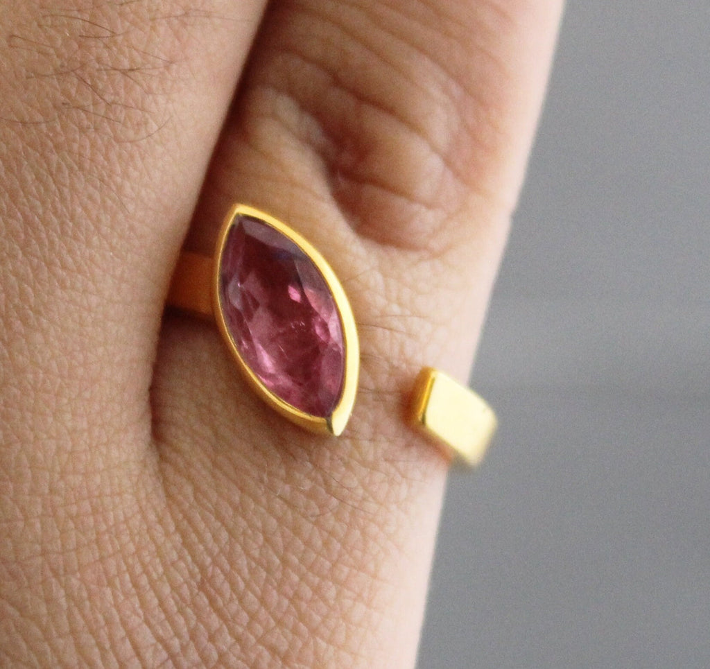 Pink Tourmaline Ring, Dainty Gold Ring, Adjustable Band, Pink Gemstone Ring, 925 Sterling Silver Jewelry, Birthday Gift, Ring For Mother